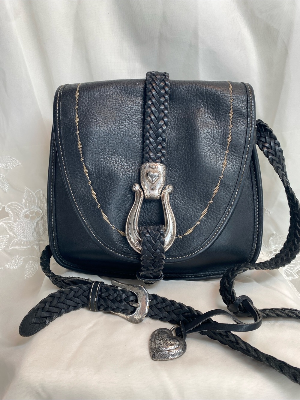 Brighton Out West Black Braided Leather Crossbody with Silver Buckle